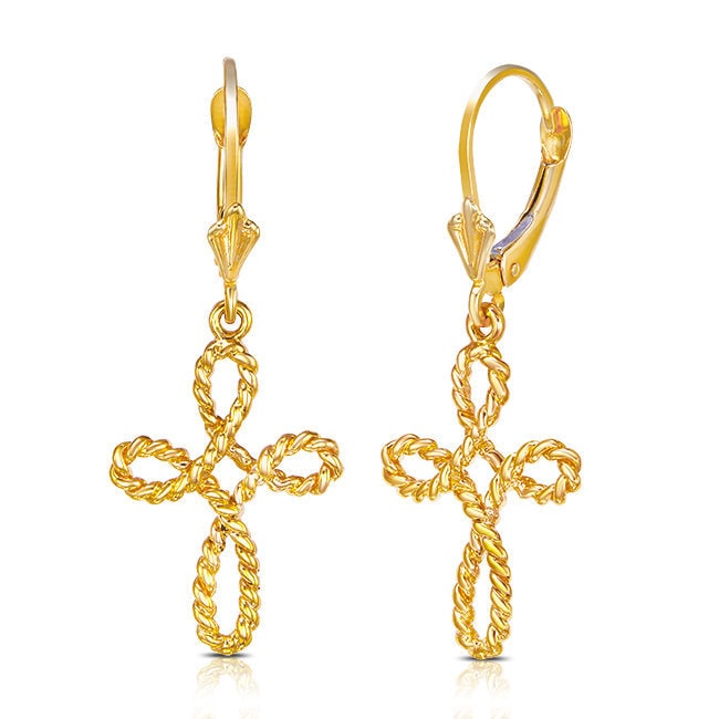 14K Gold Rope Cross Leverback Dangle Earrings Christian Jewelry