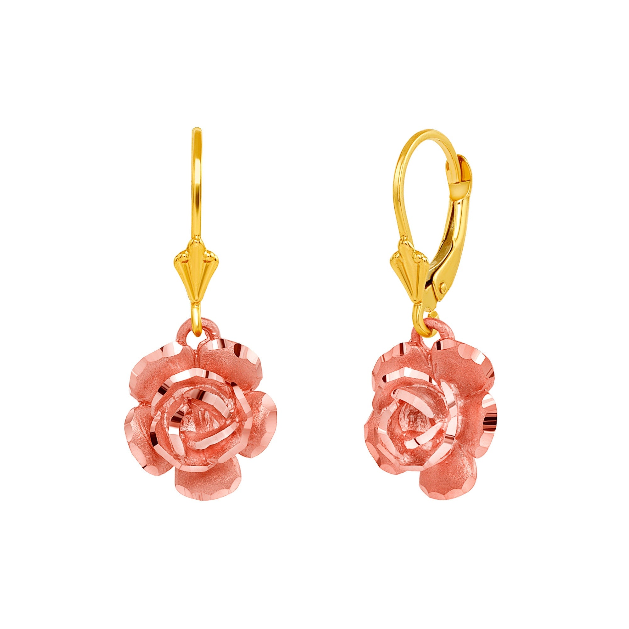 14K Gold Rose Flower Leverback Earrings – Dangle Jewelry – Gianni