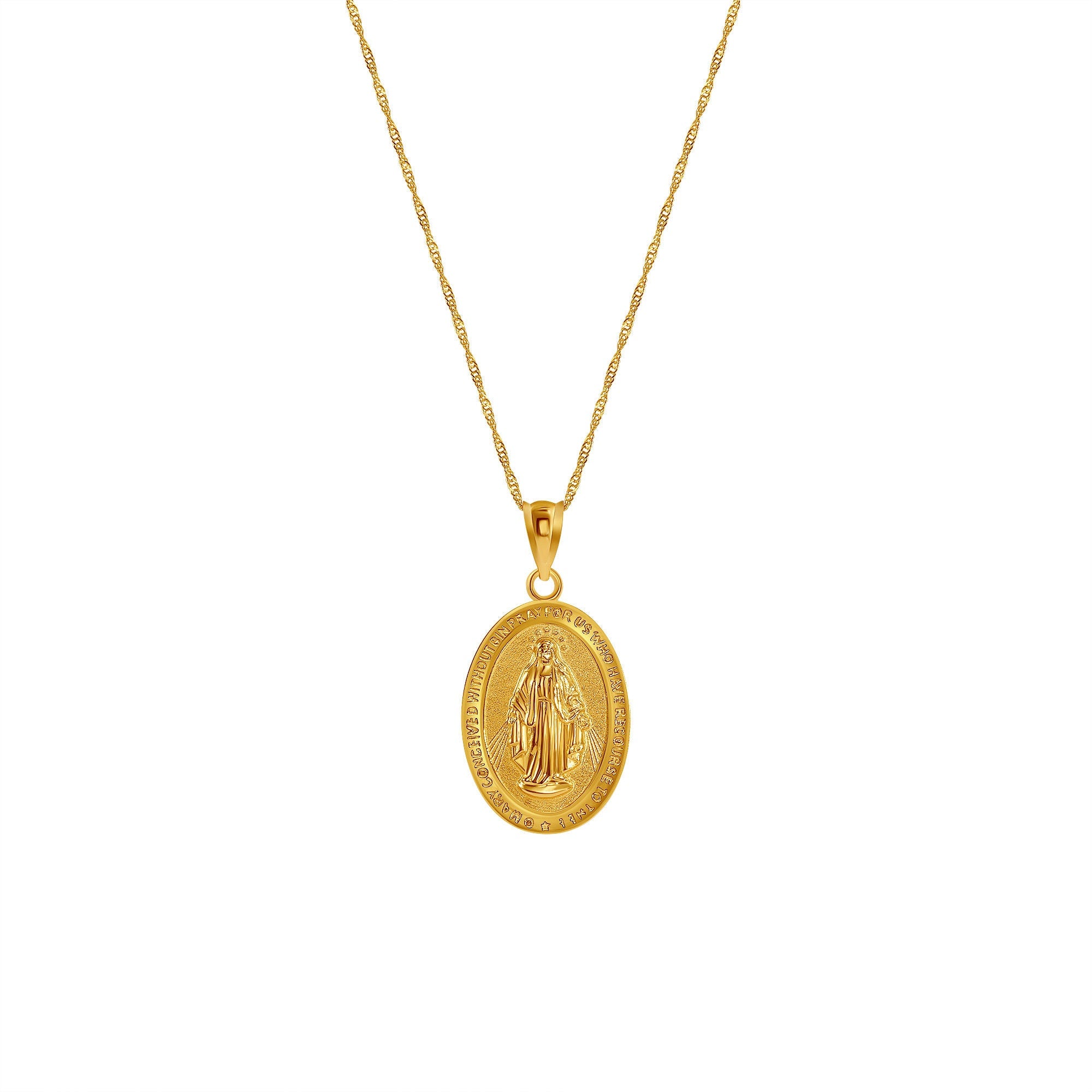 14k solid gold Virgin Mary Pendant on 18