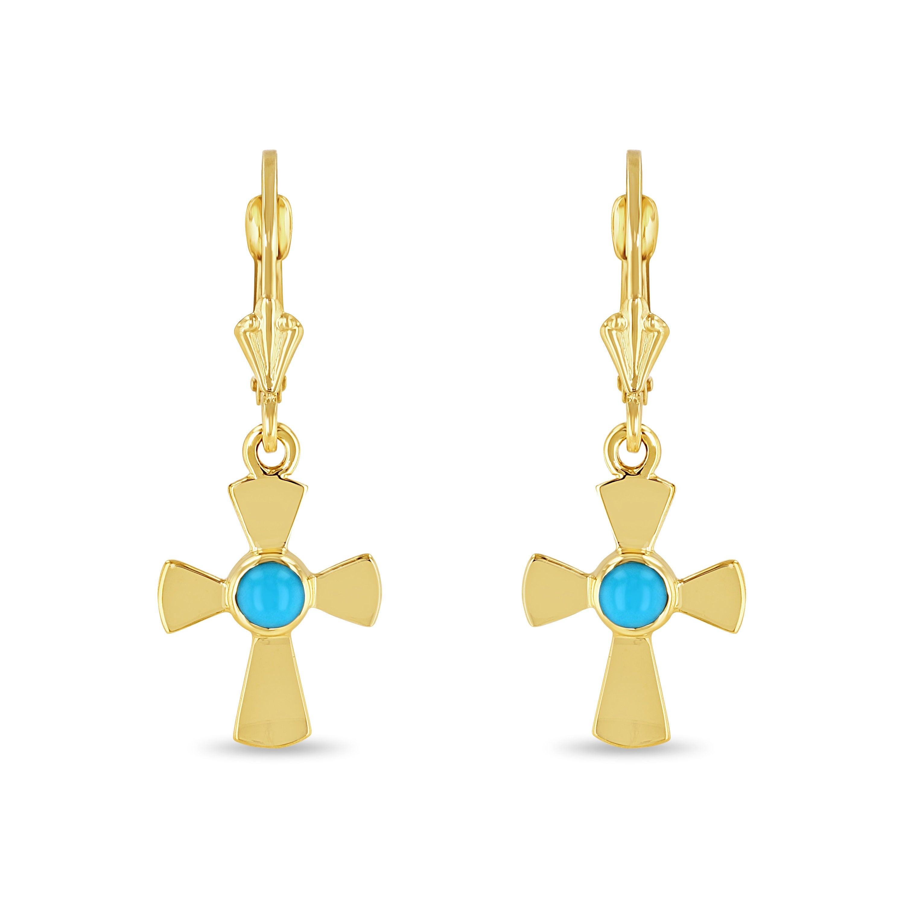 14k solid gold Cross earrings on lever backs with turquoise stones