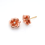 14K Gold Rose Flower Stud Earrings with Center Diamond - Gianni Deloro