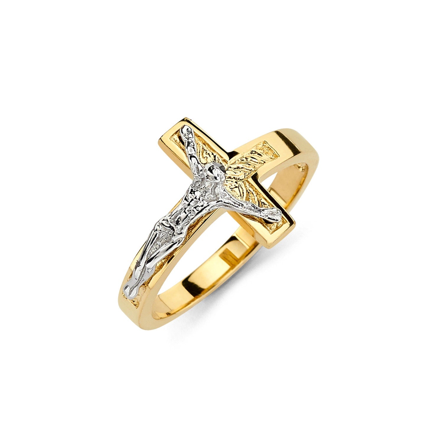 14K Gold Two Tone Crucifix Cross Ring, Christian rings, 14K gold ring, Two-tone crucifix ring, Religious jewelry, Faith jewelry, Christian jewelry, Gold crucifix ring, Elegant Christian rings, Spiritual jewelry, 14K gold Christian ring, Cross jewelry, Gold cross ring, Faith ring