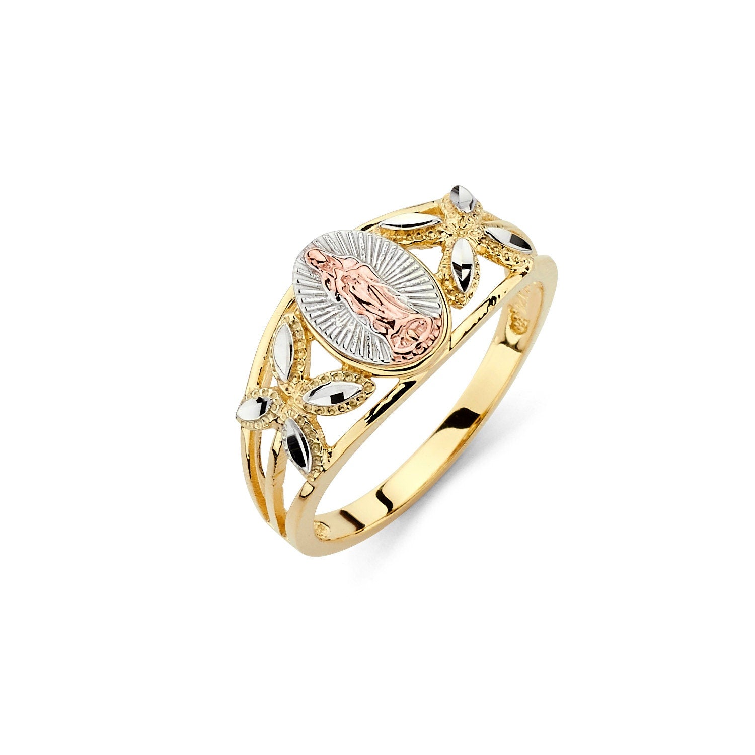14K Gold Ring with Virgin Mary and Diamond-Cut Accents - Gianni Deloro