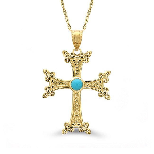 14K Armenian Gold Cross Necklace with Turquoise Stone - Gianni Deloro