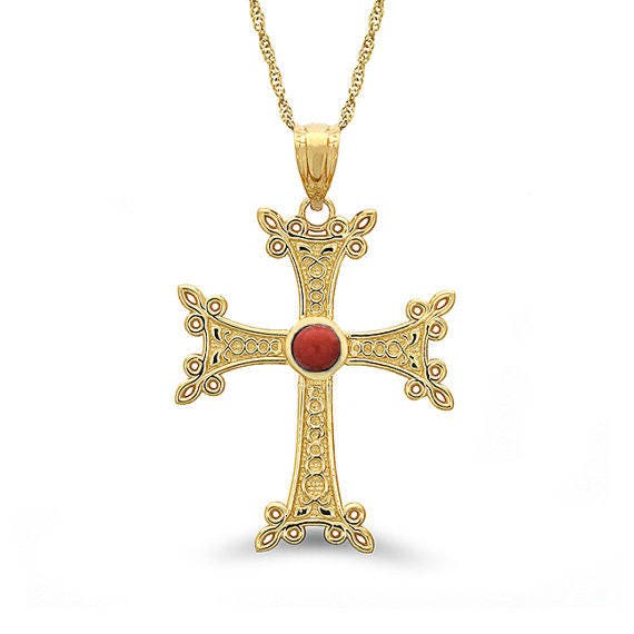 14K Armenian Gold Cross Pendant Necklace with Garnet Stone - Gianni Deloro