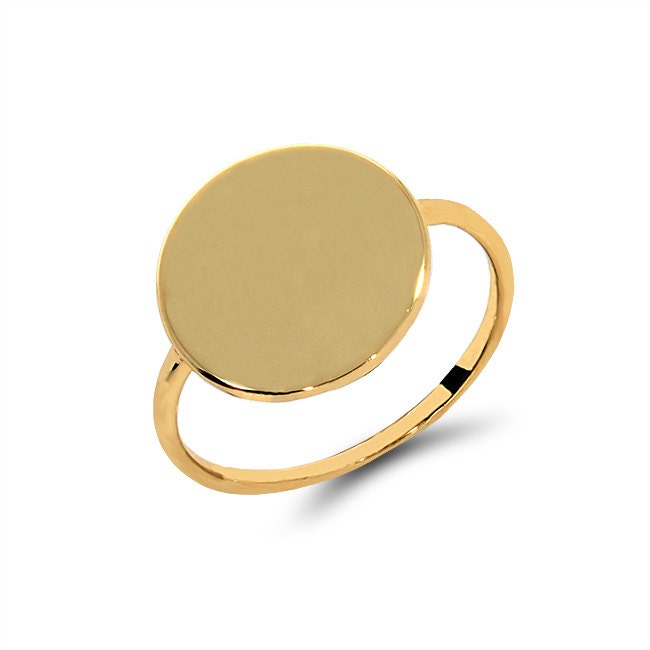 14K Gold Round Disc Signet Ring