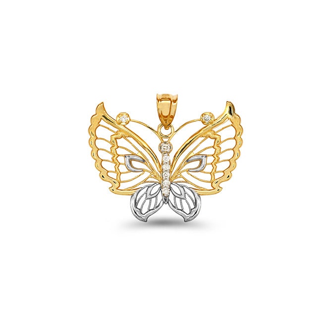 14k solid gold two tone diamond accent butterfly pendant