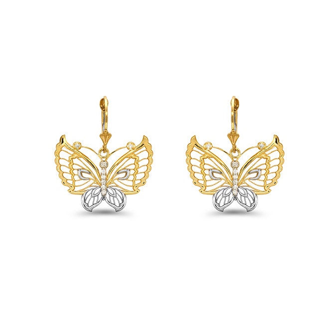14k solid gold two tone diamond accent butterfly earrings with fleur de lis lever backs