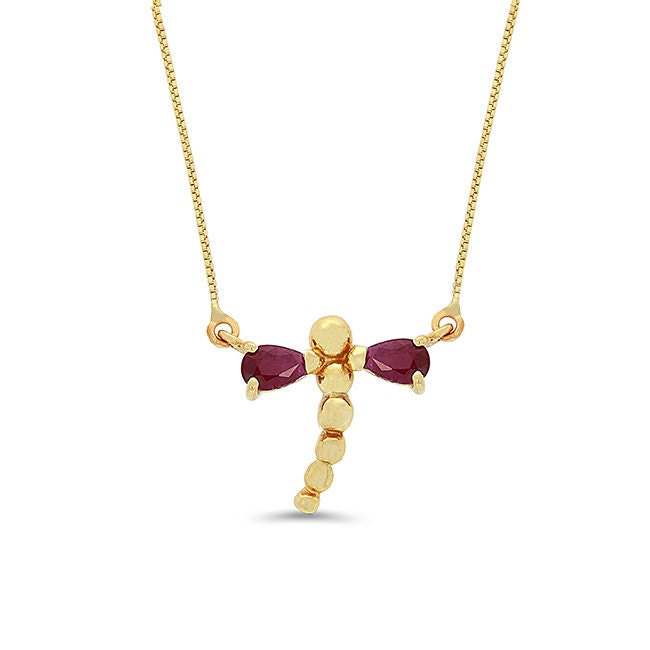 14k solid gold Dragonfly Necklace with Genuine stones