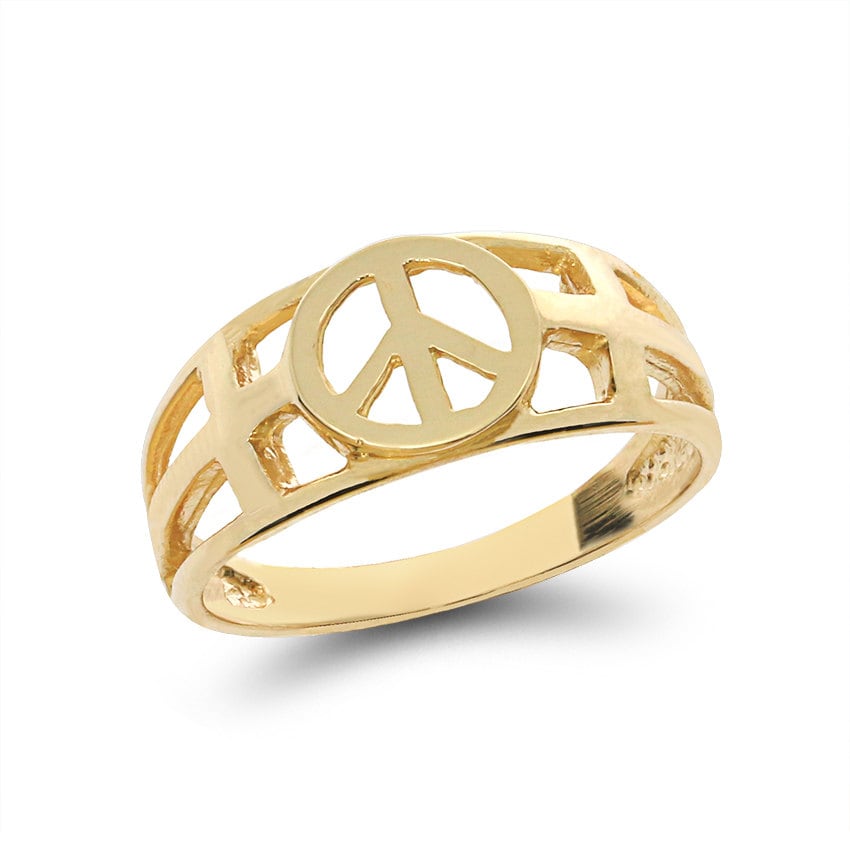 14k solid gold peace sign with cross ring