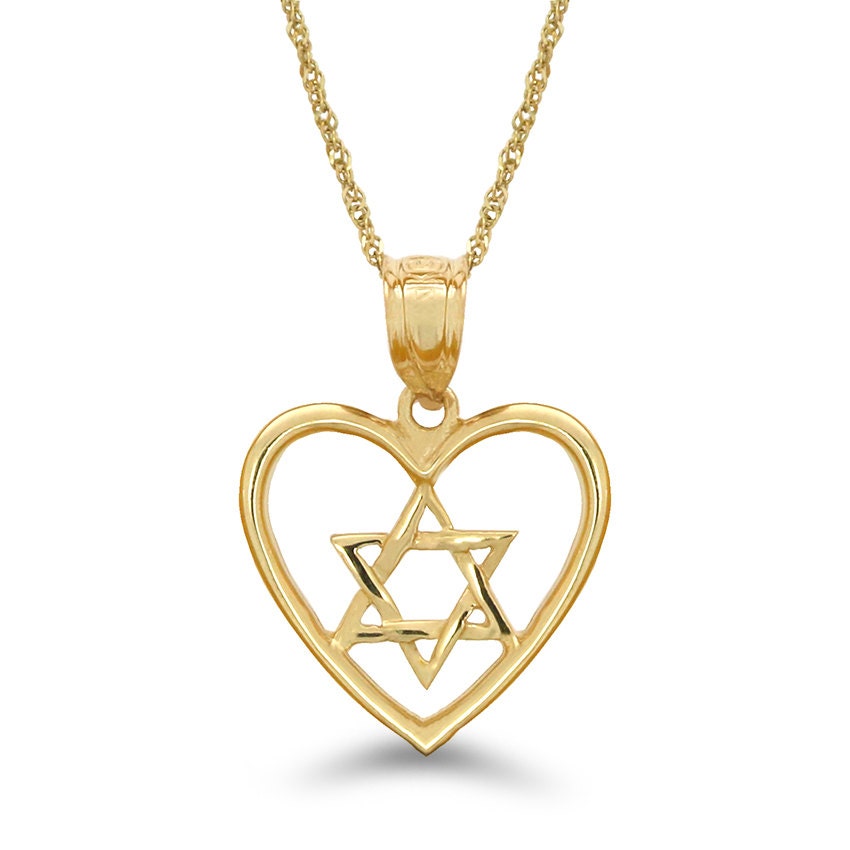 14k solid gold star of david in heart pendant with 18" solid gold chain