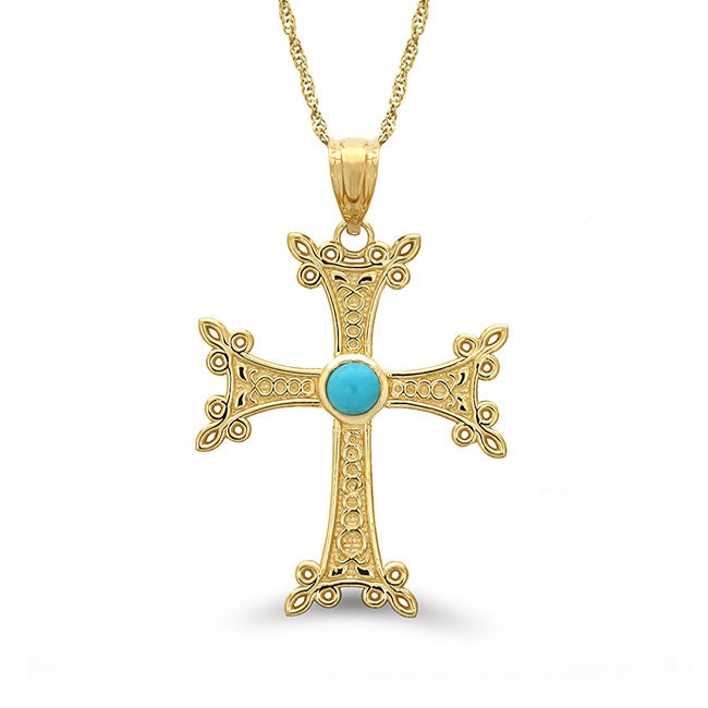 14k solid gold Armenian cross with genuine turquoise stone