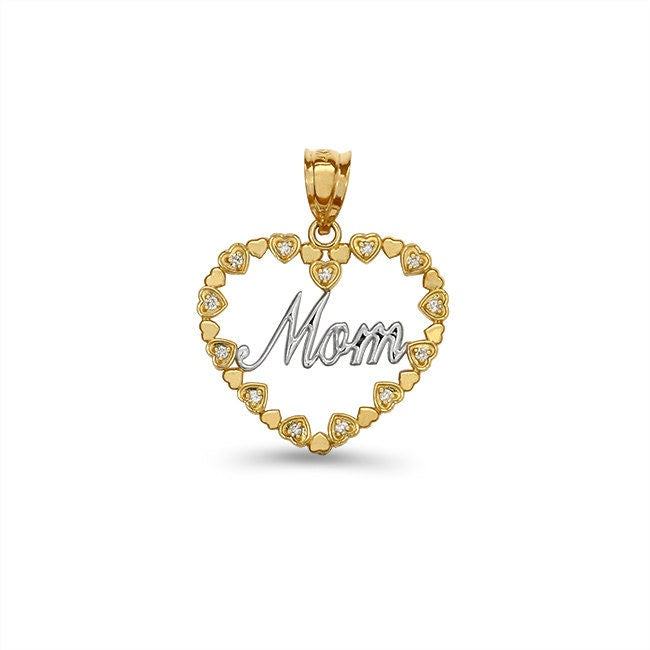 14k solid gold two tone diamond Mom Heart Pendant