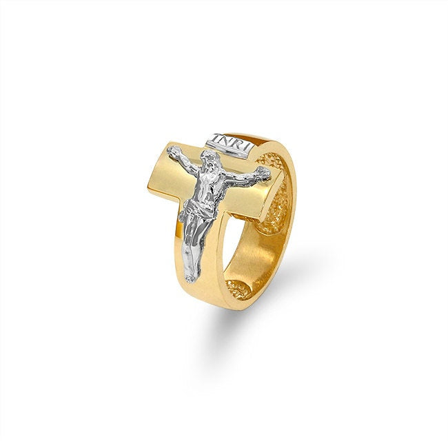 14k solid gold two tone crucifix men's ring