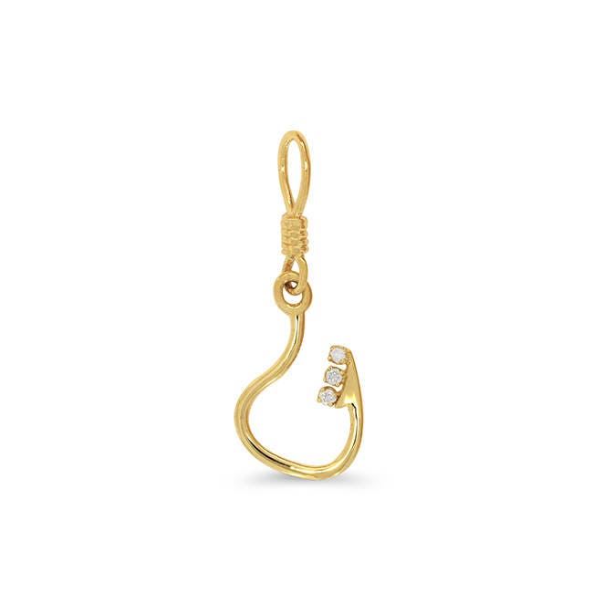 14k solid gold fish hook pendant with .07ct diamond