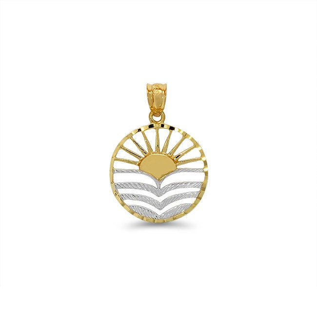 14k solid gold two tone sun and waves pendant
