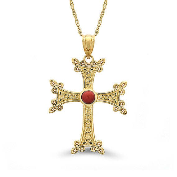 14k solid gold Armenian Cross pendant with genuine garnet stone on an 18" solid gold chain