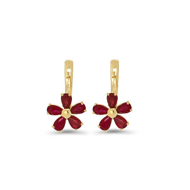 14k solid gold genuine ruby flower earrings