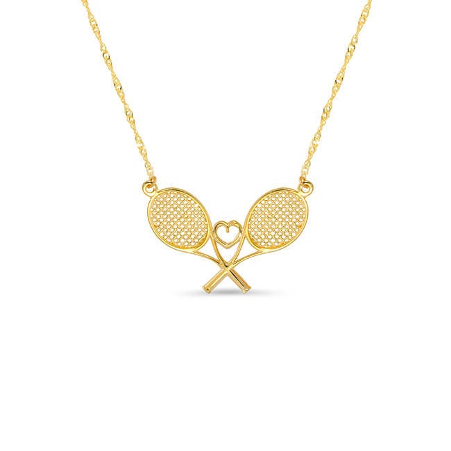 14k solid gold tennis racket necklace with heart in center
