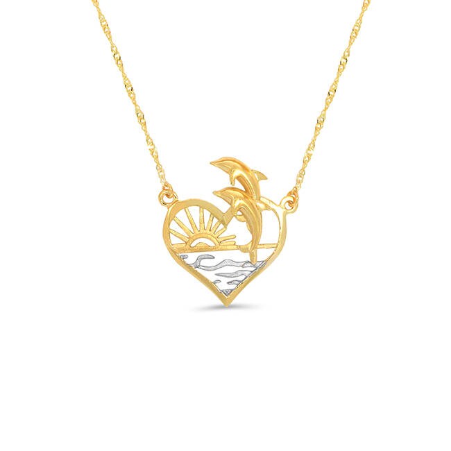 14k two tone solid gold dolphin sunset heart necklace