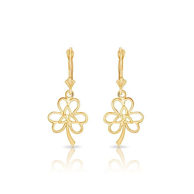 14k solid gold clover earrings with fleur de lis lever backs
