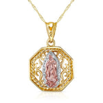14k solid gold tri color our lady of guadalupe pendant on 18" gold chain