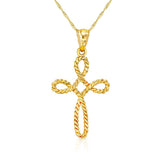 14k solid gold twisted design cross pendant on an 18" chain