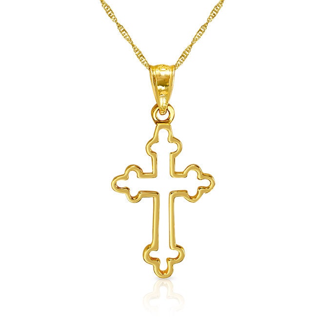 14k solid gold outline cross pendant on 18" solid gold chain