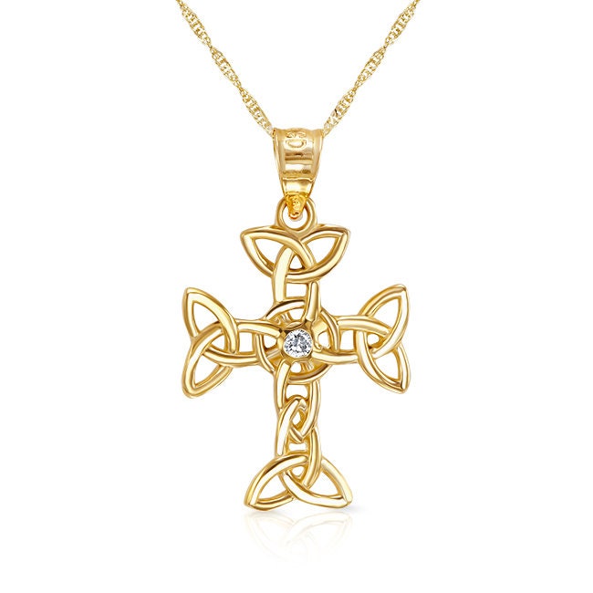 14k solid gold irish love knot diamond cross on 18" solid gold chain