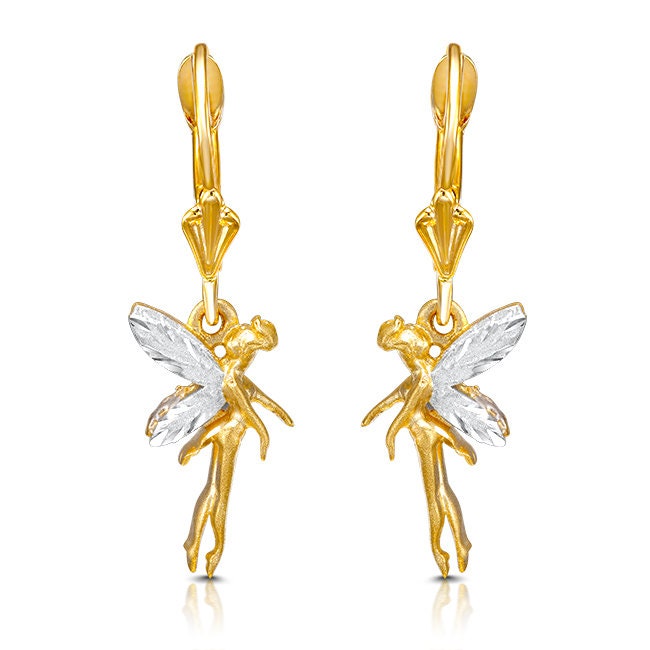 14k solid gold two tone fairy lever earrings