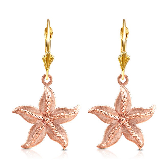 14k solid gold star fish lever back earrings
