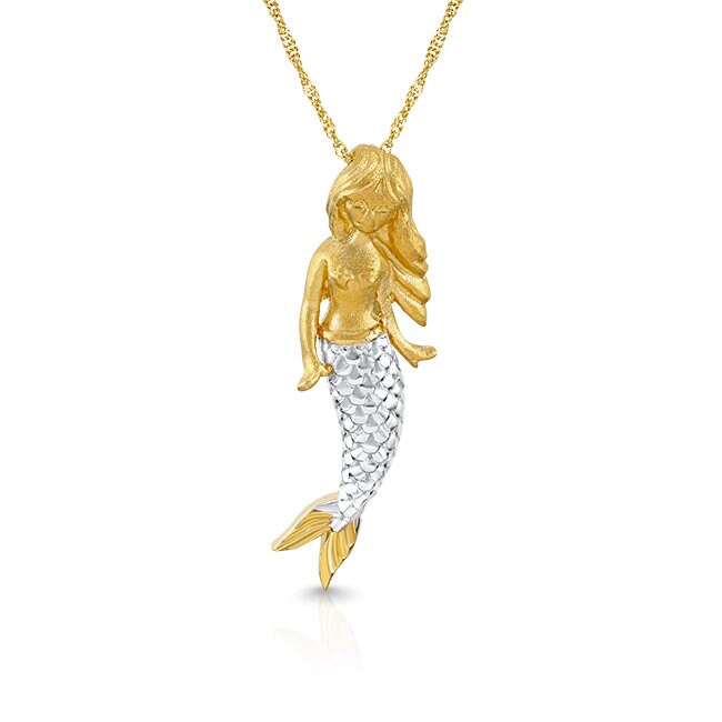 14k solid gold two tone mermaid pendant on an 18" solid 14k gold chain