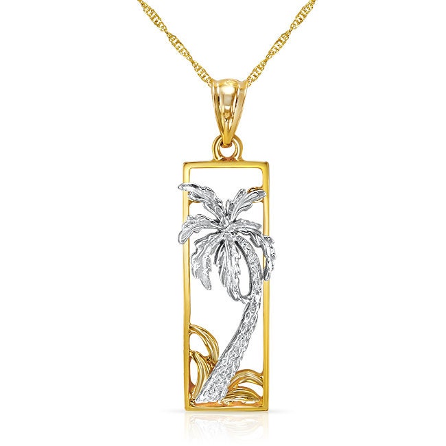 14k solid gold two tone palm tree in a frame pendant