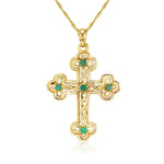 14k solid gold irish love knot cross with genuine emerald stones on 18" solid gold chain