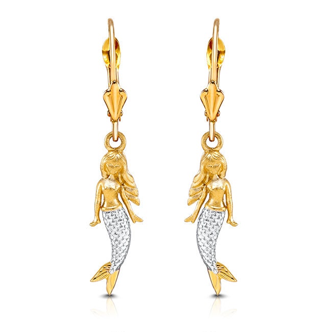 14k solid gold two tone mermaid lever earrings