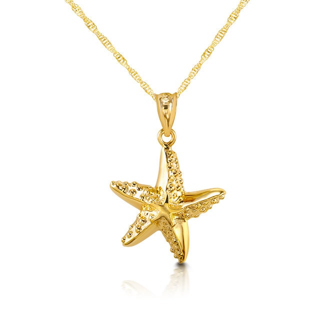 14k solid gold starfish pendant with bubbles design on 18" solid gold chain