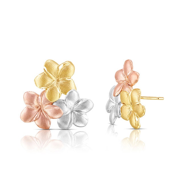 14k solid gold Tri color plumeria post earrings