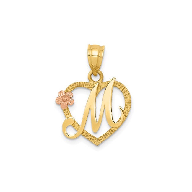 14k solid gold Two tone initial in heart pendant with Rose gold flower