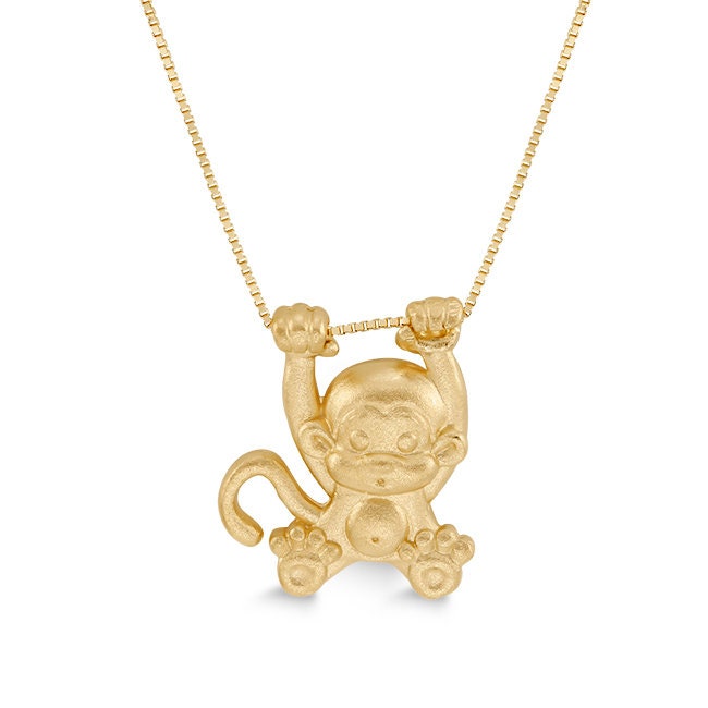 14k solid gold swinging monkey pendant on 18" solid gold box chain