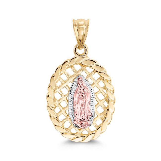 14k solid gold tri color our lady of guadalupe pendant