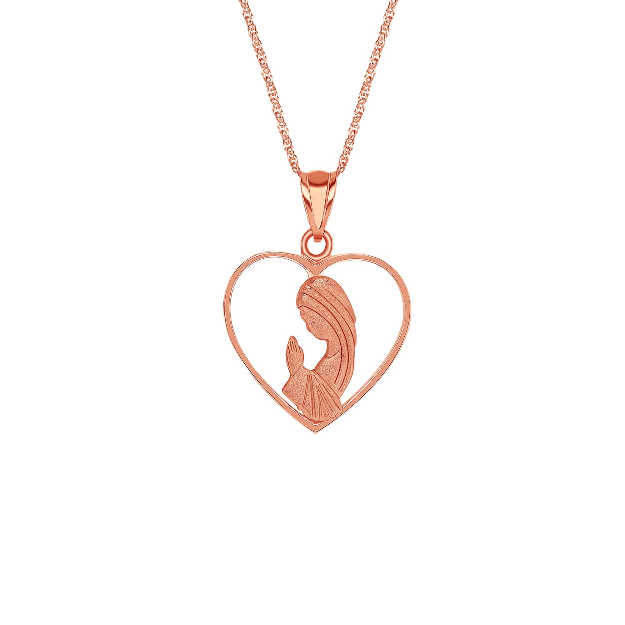 14k solid gold Praying Lady heart pendant on 18" chain