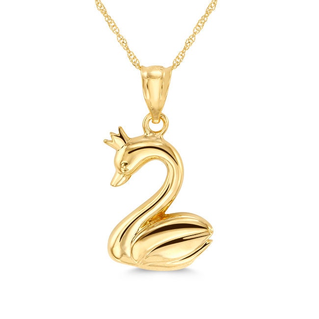 14k solid gold Swan Pendant with crown on 18" gold chain.