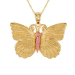 14k solid gold two tone butterfly pendant on solid gold chain
