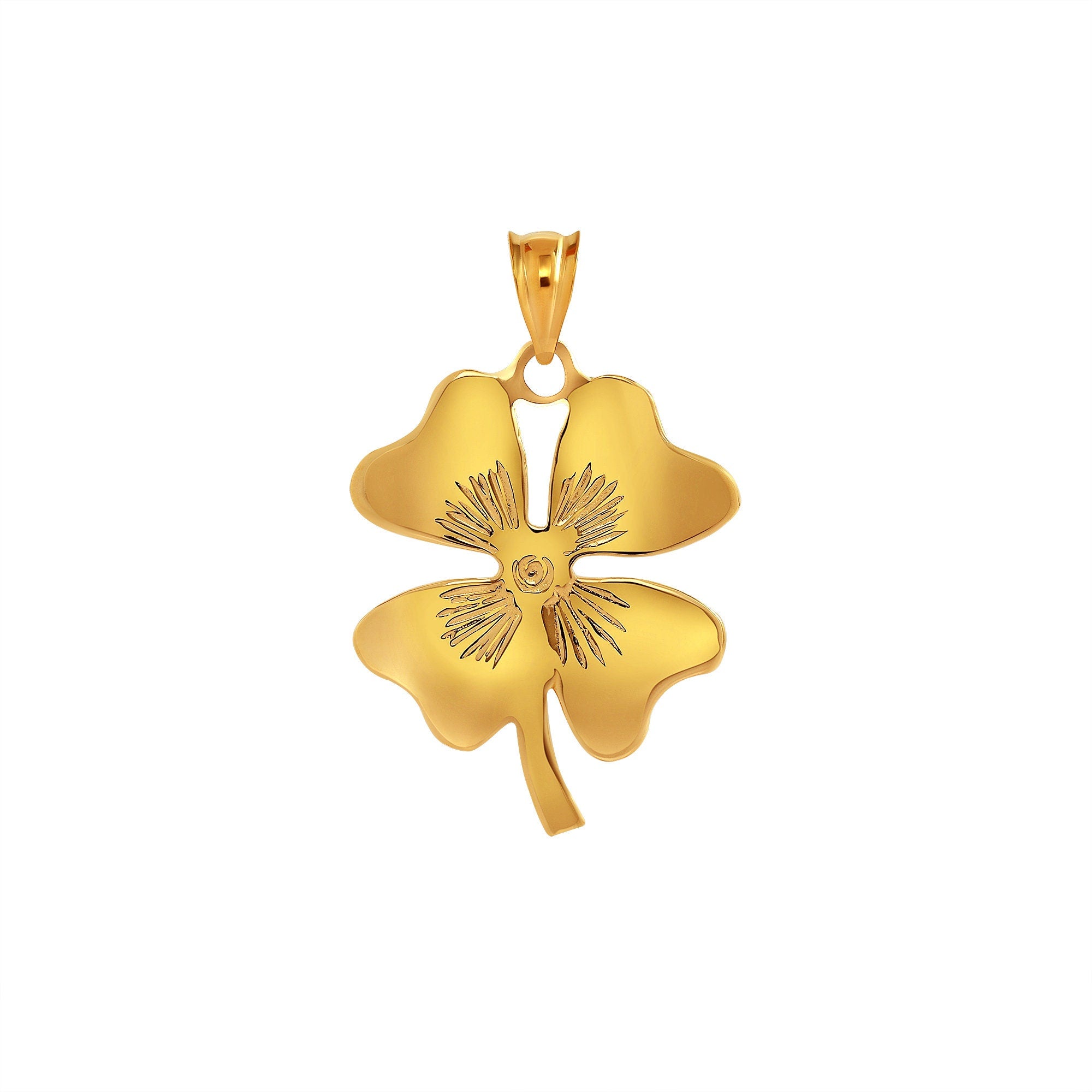 14k yellow solid gold four leaf clover pendant