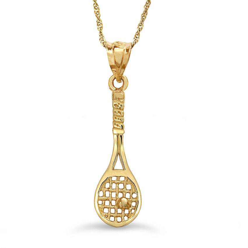 14k solid gold tennis racket with ball pendant on an 18" solid gold chain
