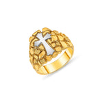 14k solid yellow and white gold men's cross ring