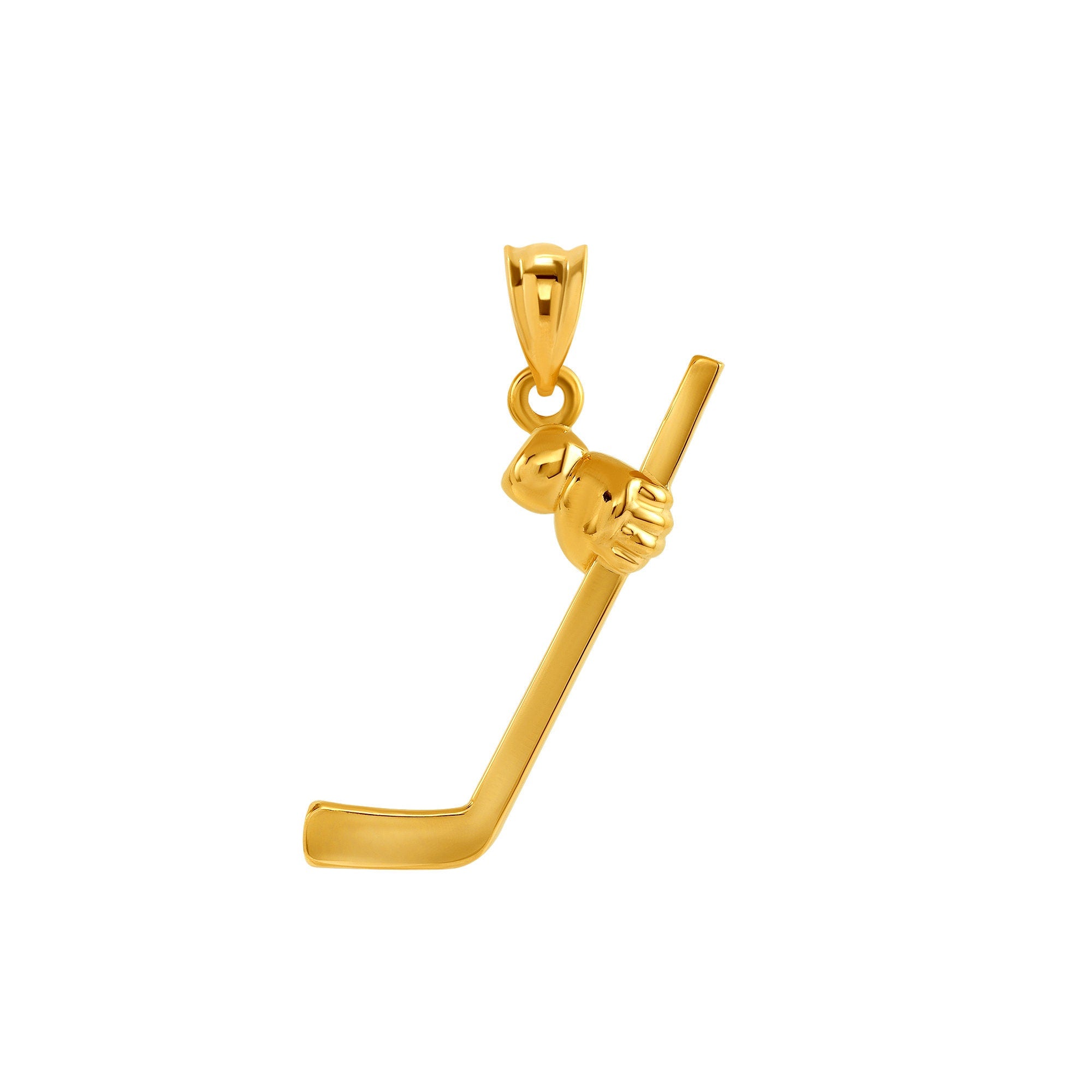 14k solid yellow gold hockey stick and puck pendant