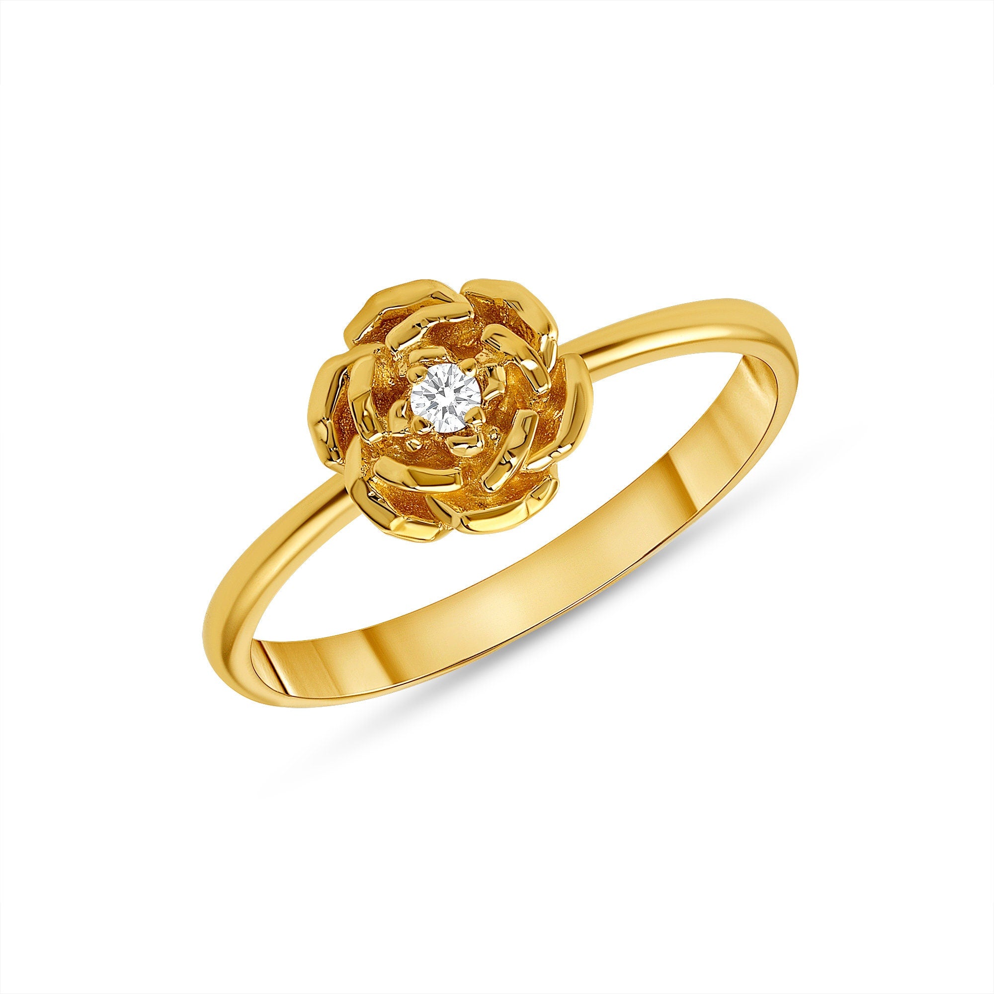 14k solid yellow gold genuine diamond rose ring