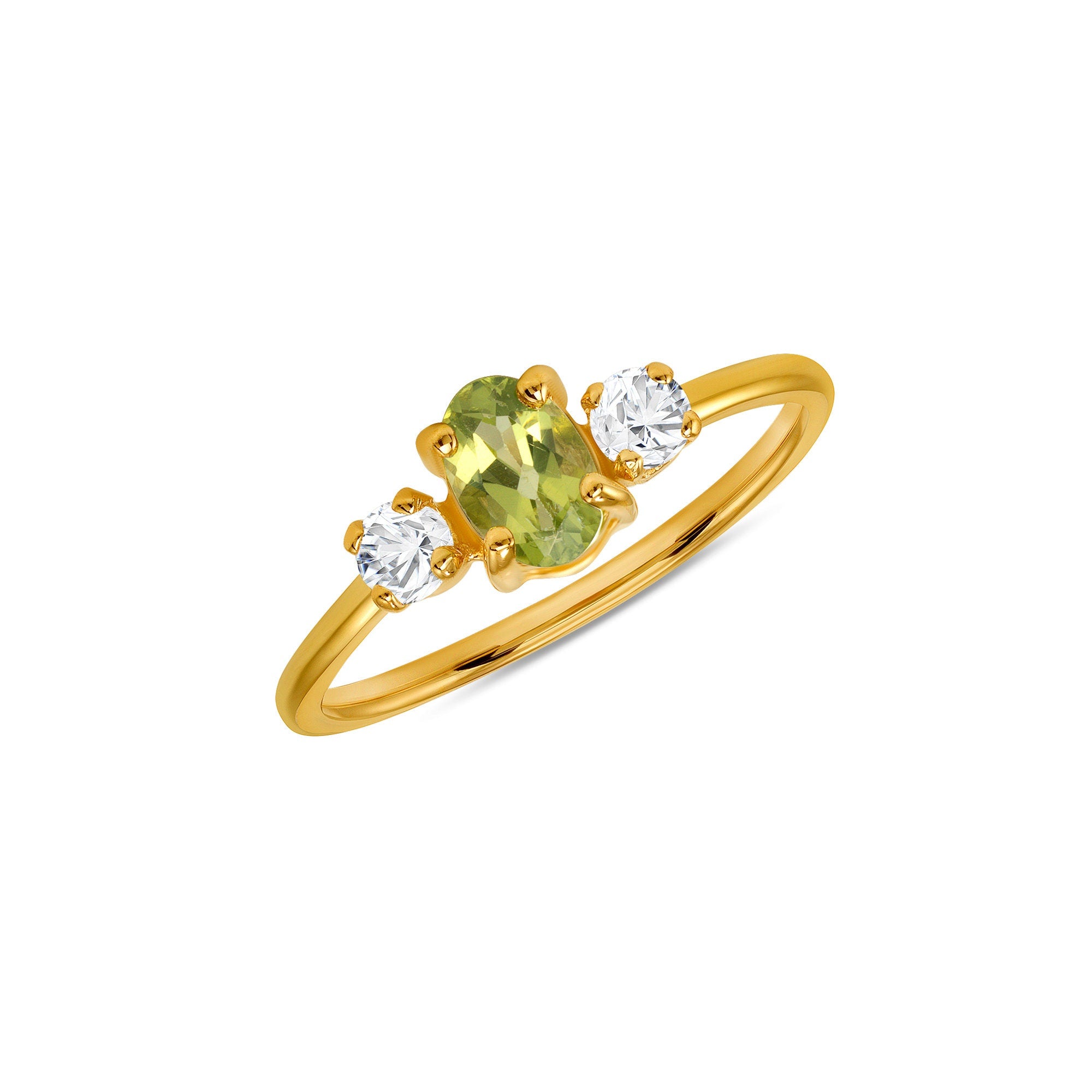 14k solid gold August birthstone ring with genuine peridot and cubic zircon