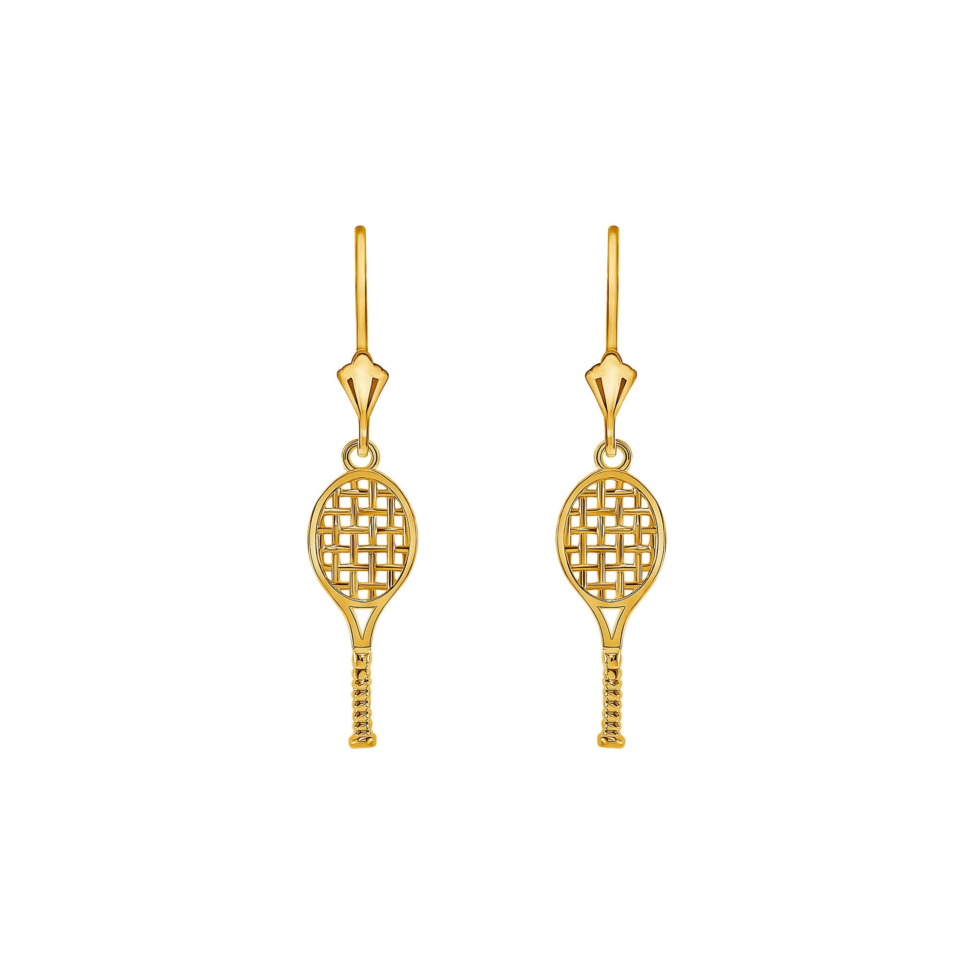 14k solid gold Tennis Racket earrings on fleur de lis Leverbacks